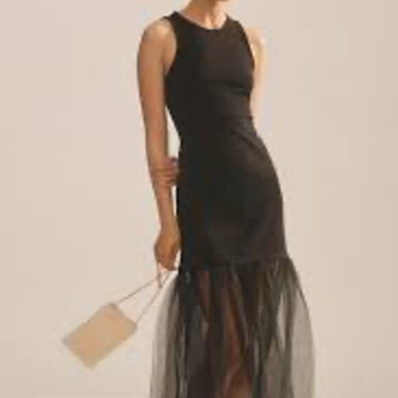 MAEVE ANTHROPOLOGIE BLACK TANK DRESS WITH TULLE HEM - Picture 1 of 7